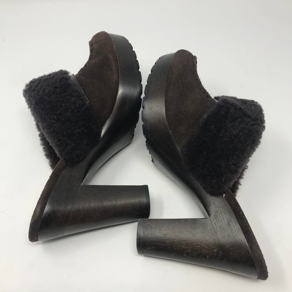 Coach Idyle Brown Suede Shearling Faux Fur Brass Trim Mules Sz 7.5 - Picture 6 of 10